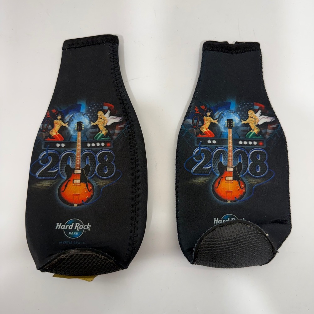 Hard Rock Park Myrtle Beach 2008 Bottle Coozie Neoprene Zipper Set of 2 Black
